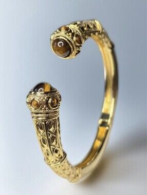 18k Gold Plated Byzantine Filigree Tigers Eye Cabochon Stone Hinged Bracelet